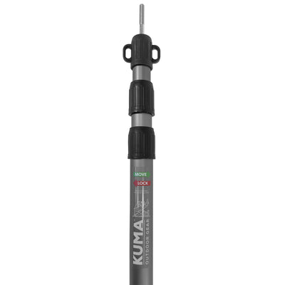 An adjustable telescopic awning pole with a black and silver finish, featuring a rubber base and twist lock sections.