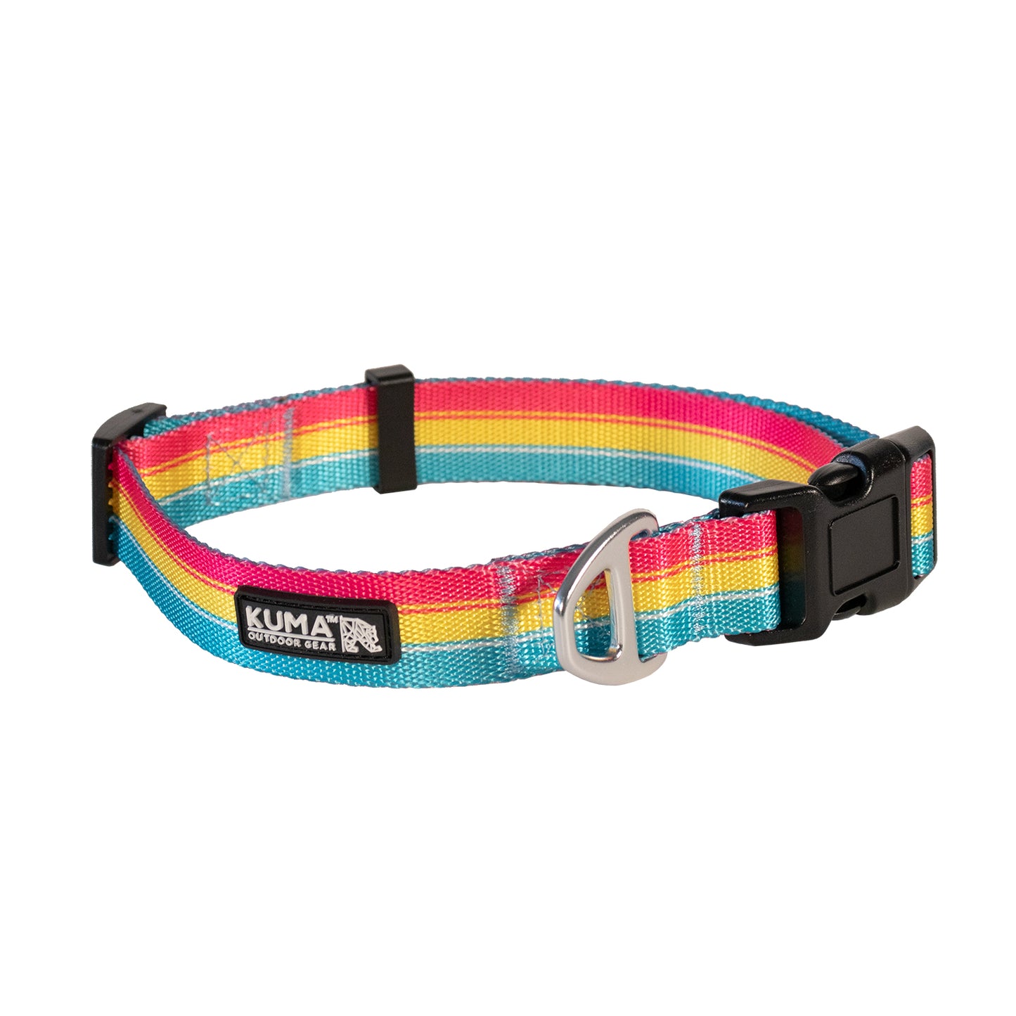 A retro-inspired colorful dog collar with a lightweight aluminum D-ring and snap buckle, made by KUMA.