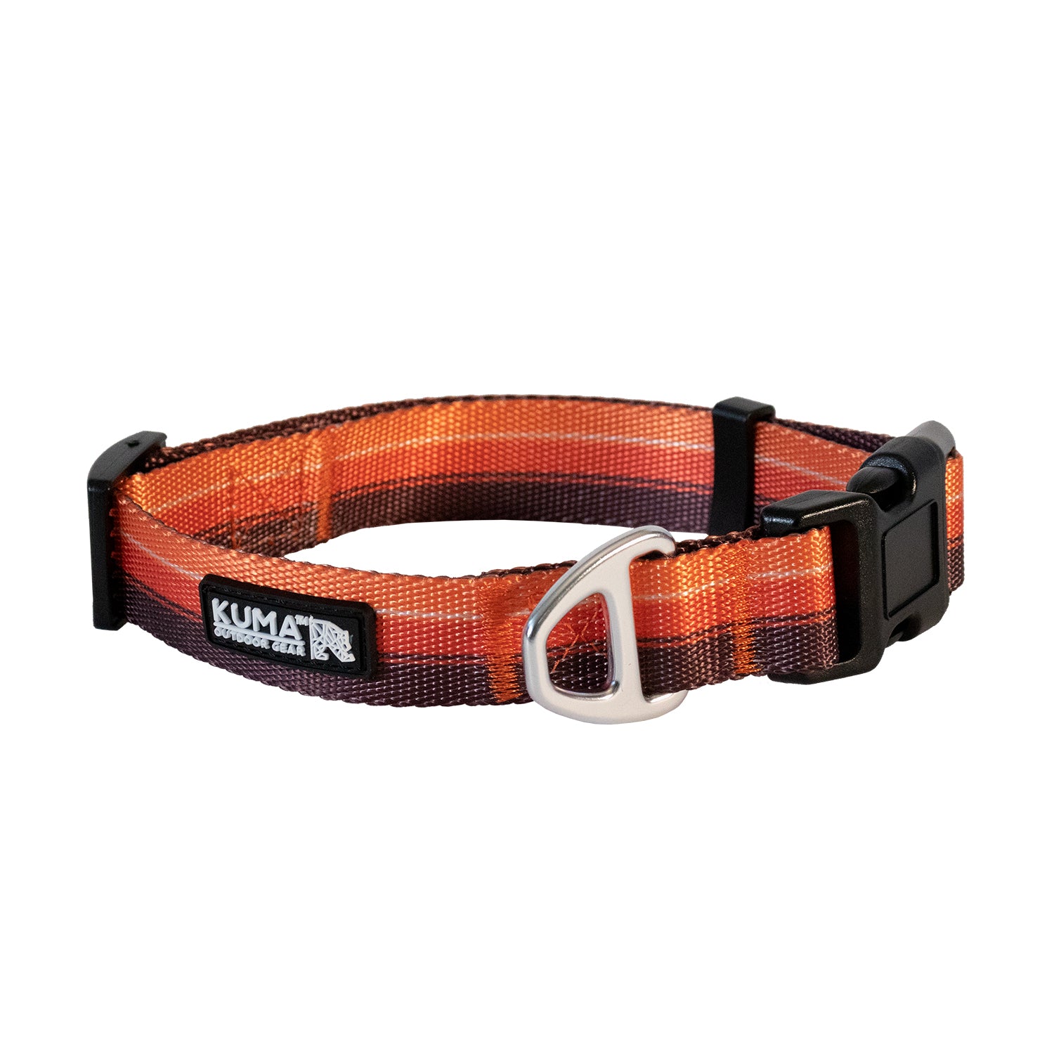A retro-inspired colorful dog collar with a lightweight aluminum D-ring and snap buckle, made by KUMA.