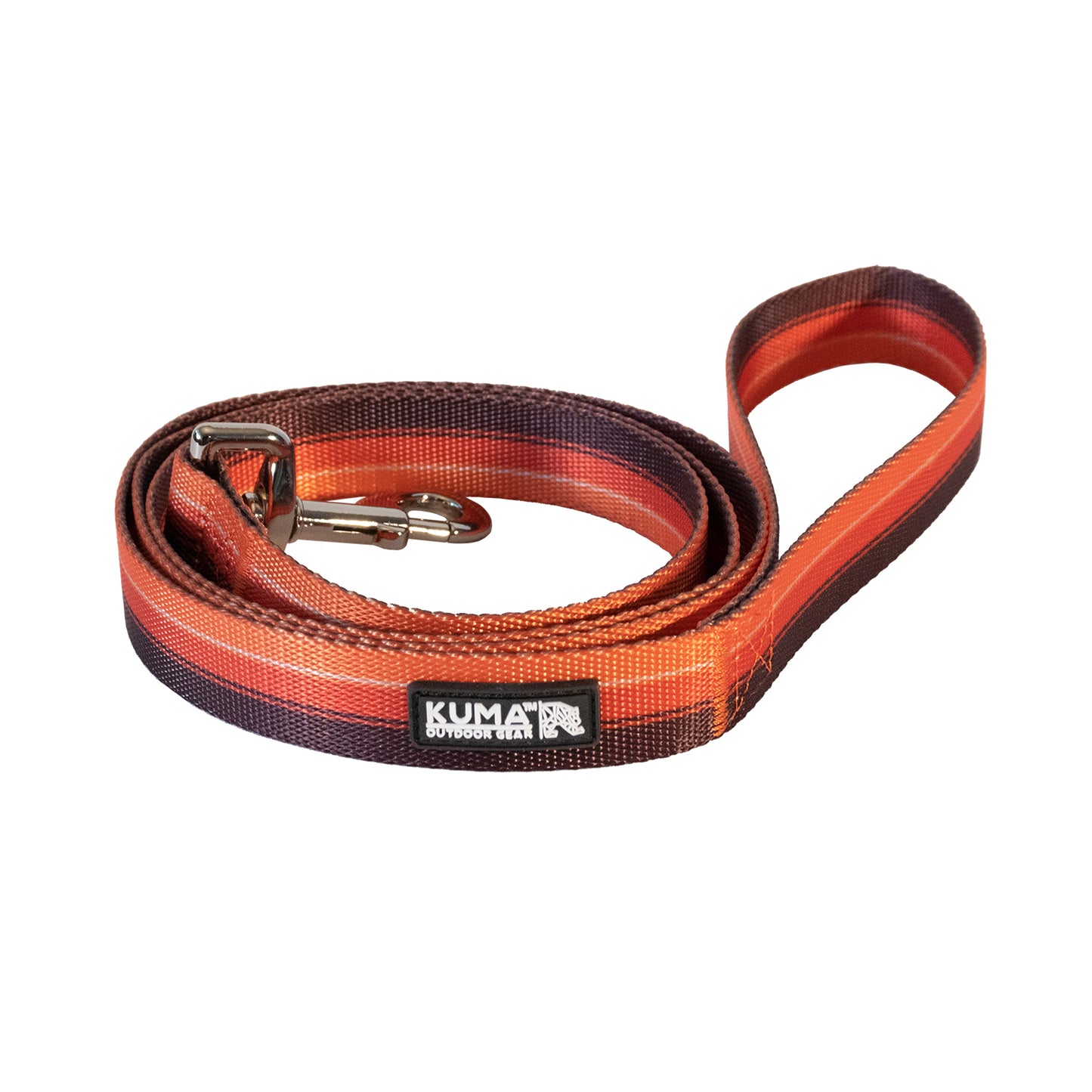 A colorful, retro-inspired dog leash with soft-touch webbing and a metal hook clip. The leash features stripes in multiple colors and has a label with 'KUMA' brand name on it.
