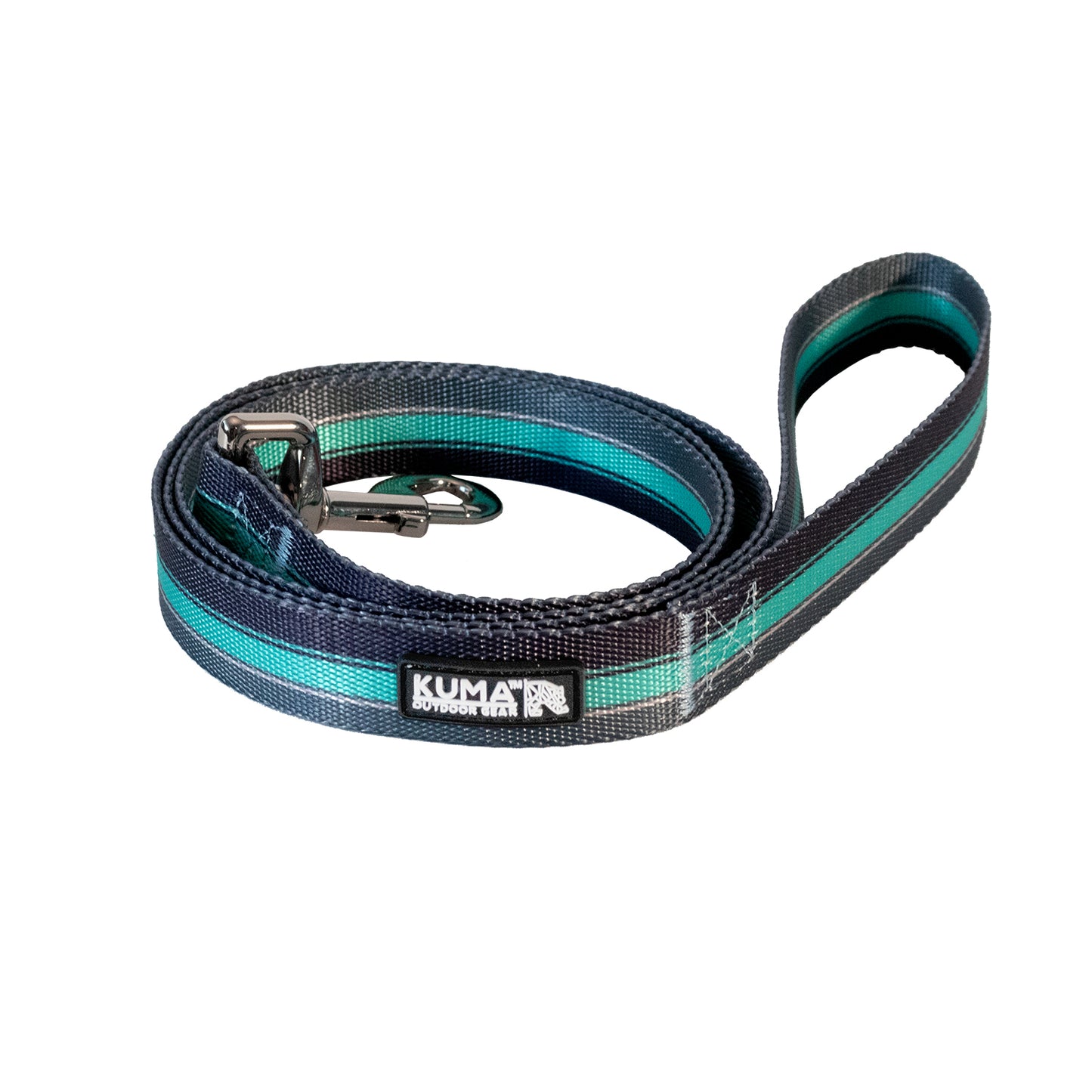 A colorful, retro-inspired dog leash with soft-touch webbing and a metal hook clip. The leash features stripes in multiple colors and has a label with 'KUMA' brand name on it.