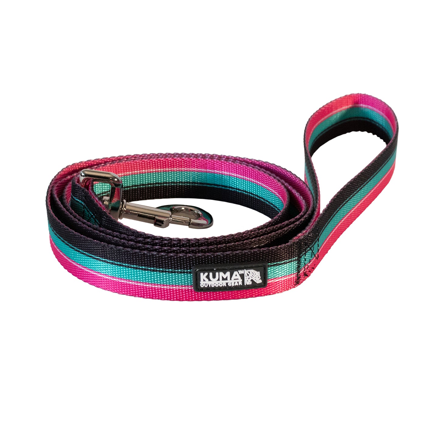 A colorful, retro-inspired dog leash with soft-touch webbing and a metal hook clip. The leash features stripes in multiple colors and has a label with 'KUMA' brand name on it.