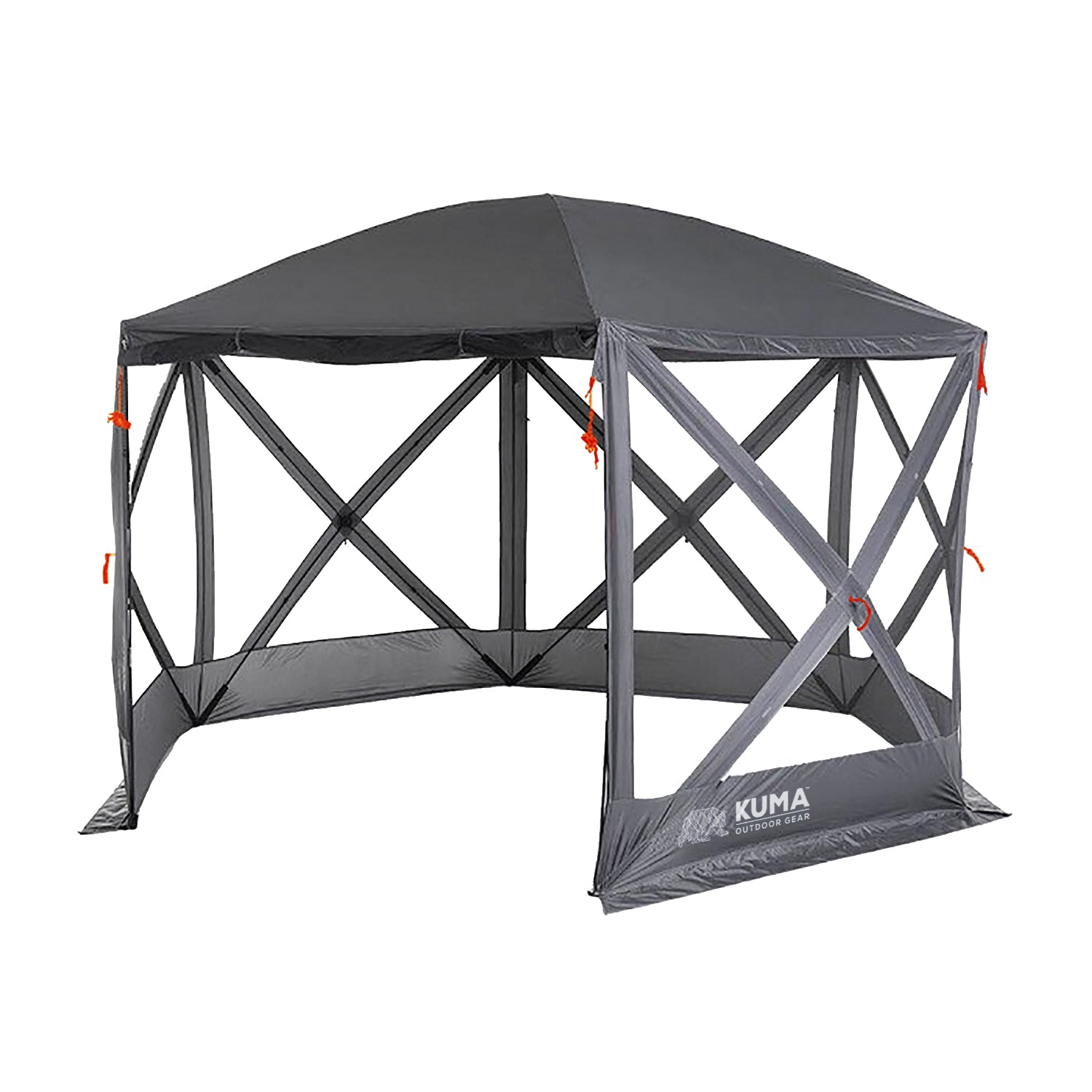 A gray Kuma Bear Den Gazebo with mesh walls and a solid roof set up outdoors.