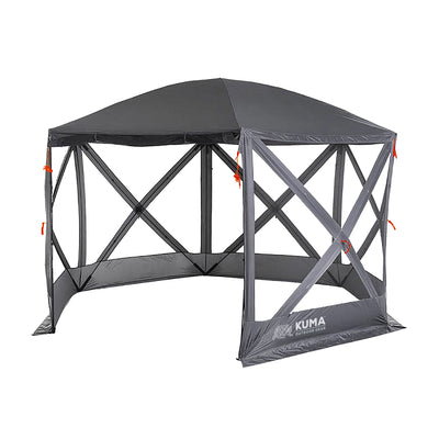 A gray Kuma Bear Den Gazebo with mesh walls and a solid roof set up outdoors.