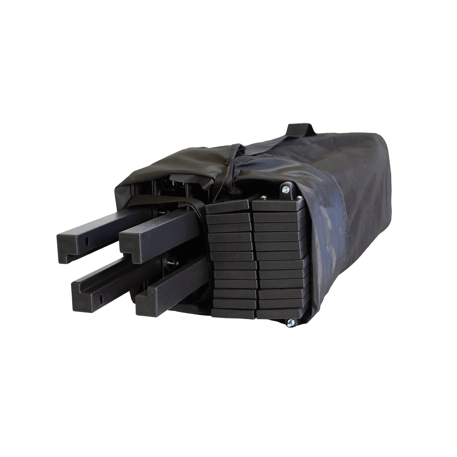 Black carrying bag with folded black flags on a white background