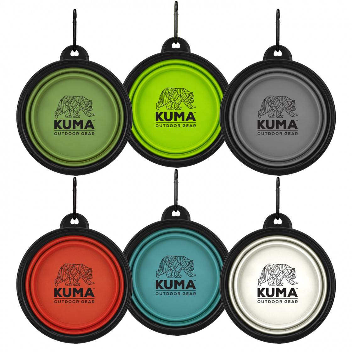 Collapsible silicone dog bowl clipped to Kuma leash
