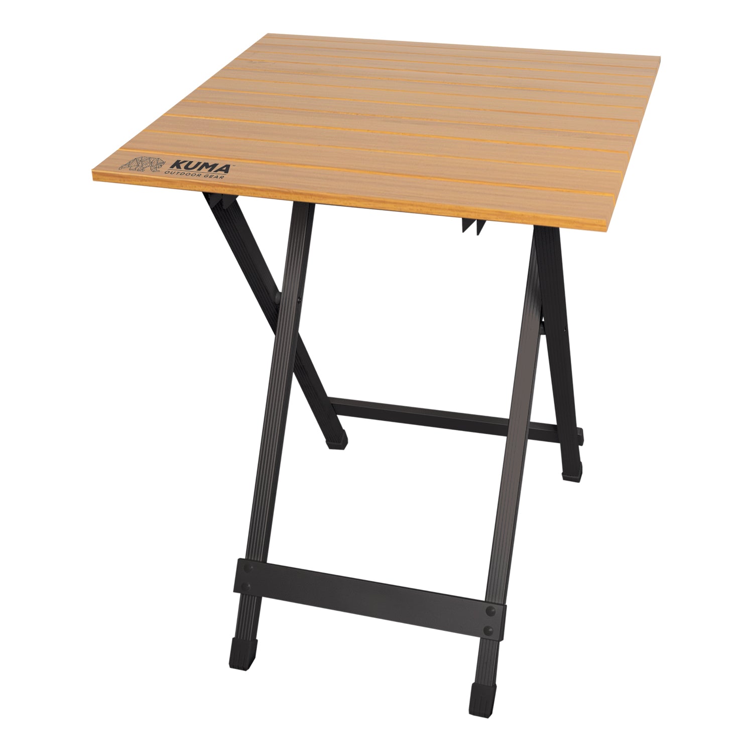 Wooden folding table with black legs on a white background