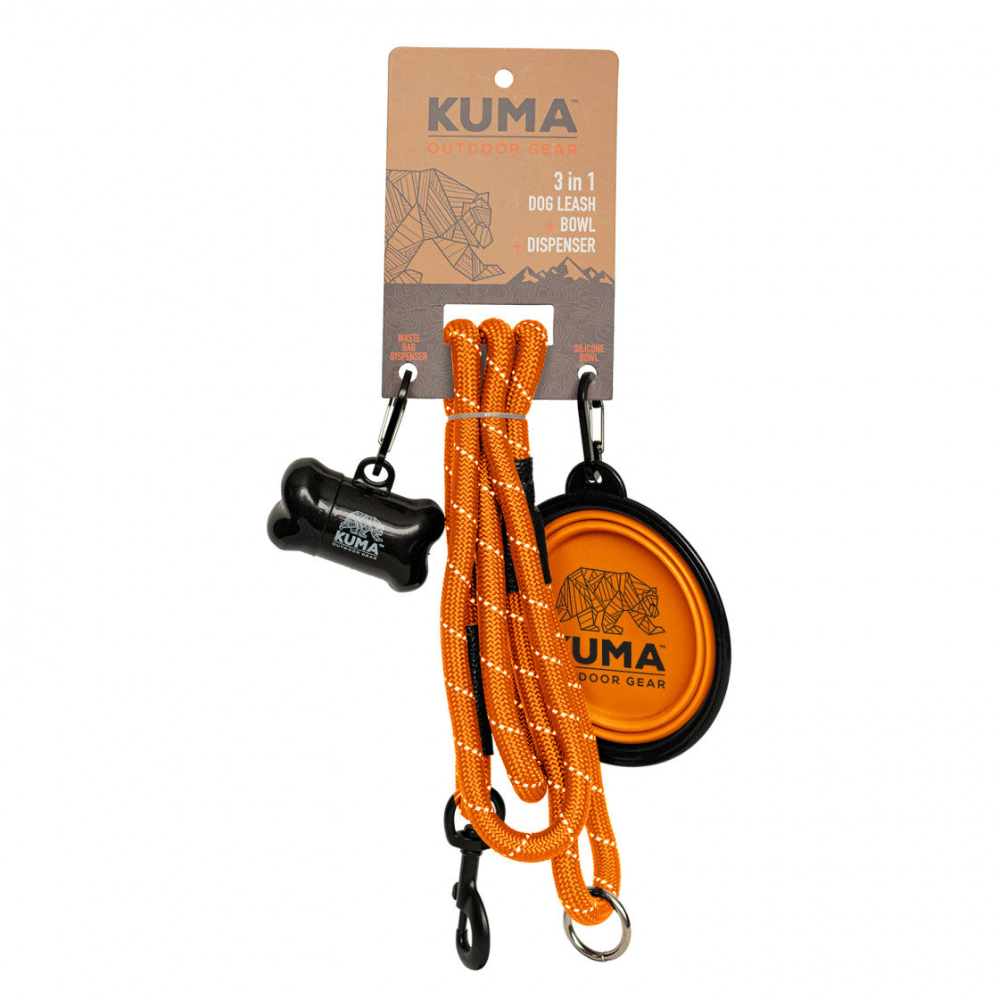 Kuma 3-in-1 Dog Leash – Convenient leash with waste bag dispenser, collapsible bowl, and metal clip.