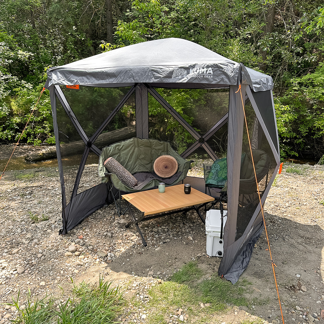Outdoor gazebo with mesh walls and a table under a clear sky
