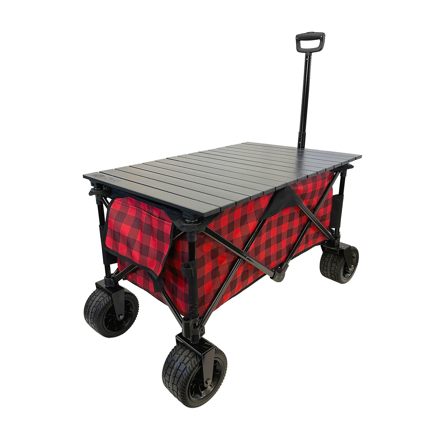Close-up of the aluminum folding tabletop on the Kodiak Utility Cart.