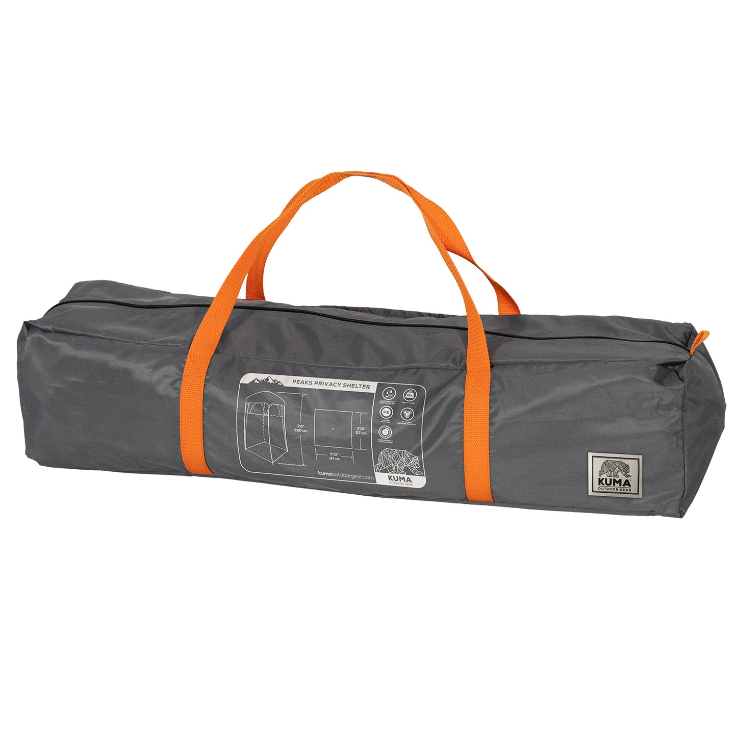 Folded Kuma Peaks Privacy Shelter packed inside its carry bag.