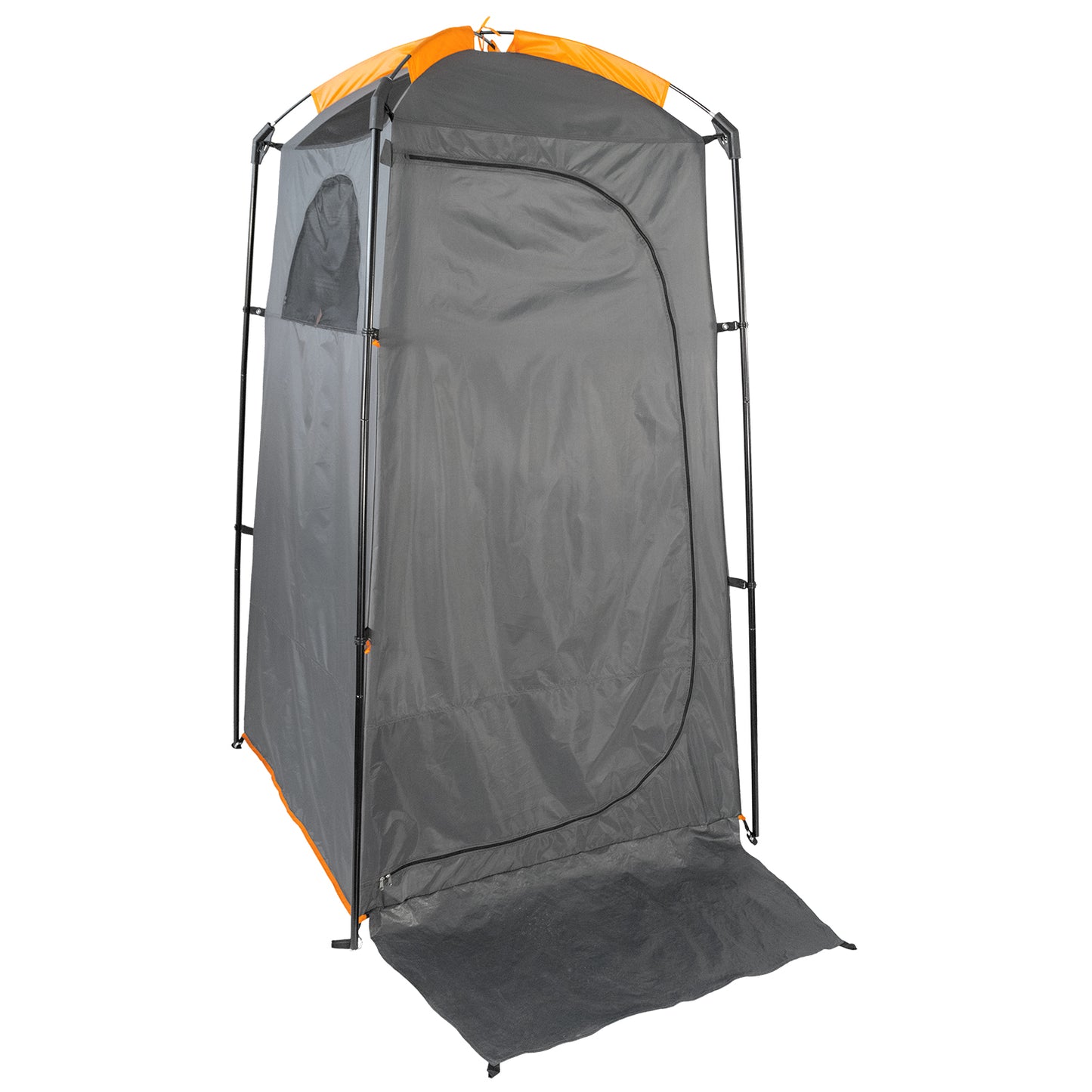 Side angle of the tent with guy lines anchored to the ground.