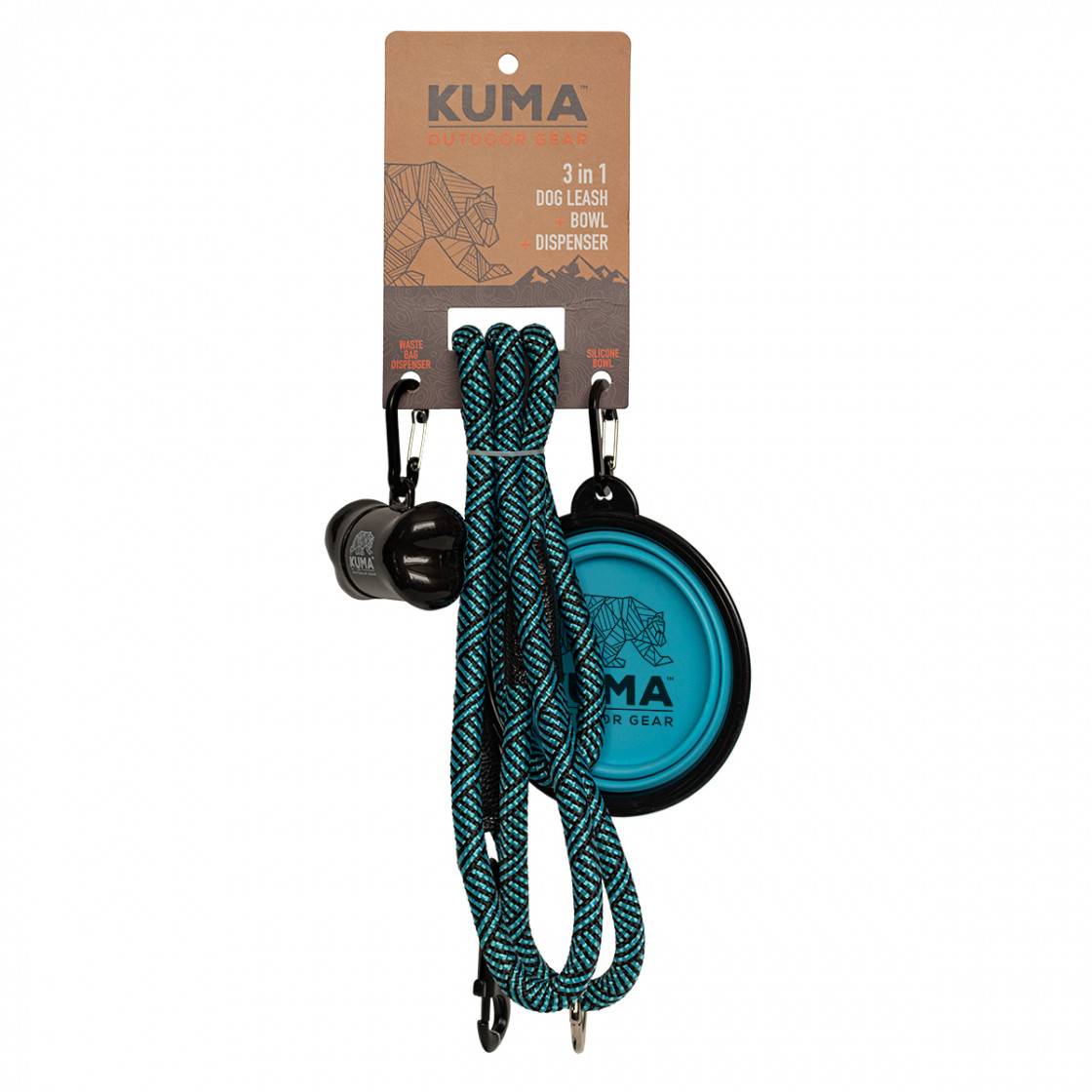 Kuma 3-in-1 Dog Leash – 5 ft polyester rope with built-in waste bag dispenser and collapsible bowl.