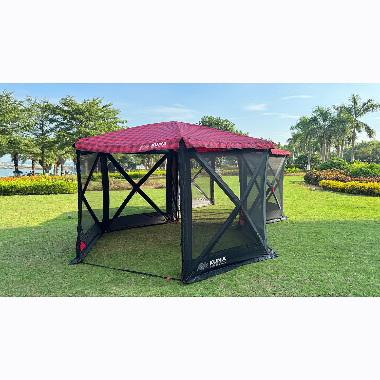 Kuma Super Bear Den Gazebo featuring UV protection and versatile roll-up wall design.