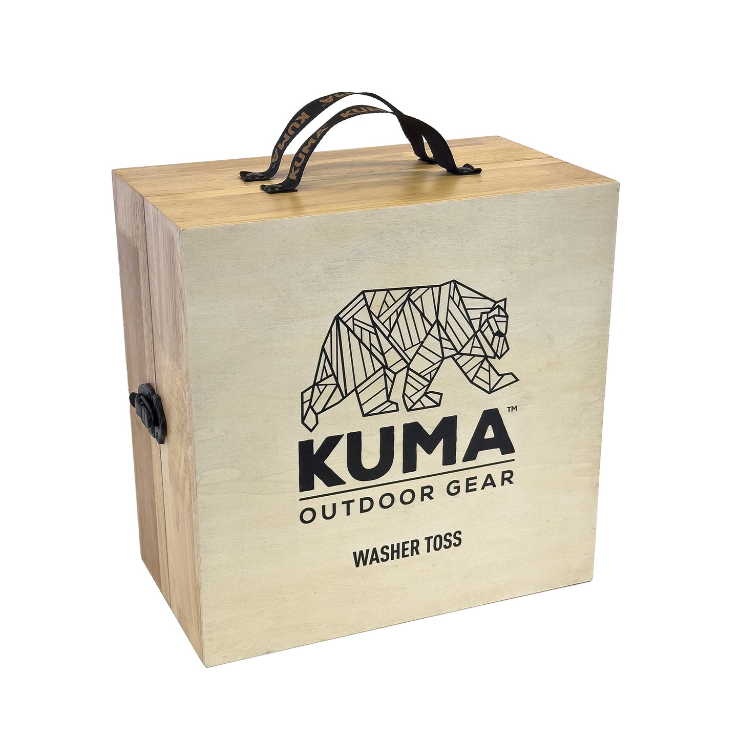 Wooden washer toss game box with Kuma Outdoor Gear logo on a white background