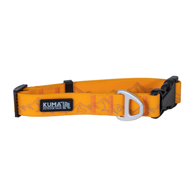 An orange waterproof dog collar with a black buckle and Kuma brand logo, featuring a reflective mountain print.