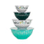 Set of four nesting bowls with camping-themed designs on a white background