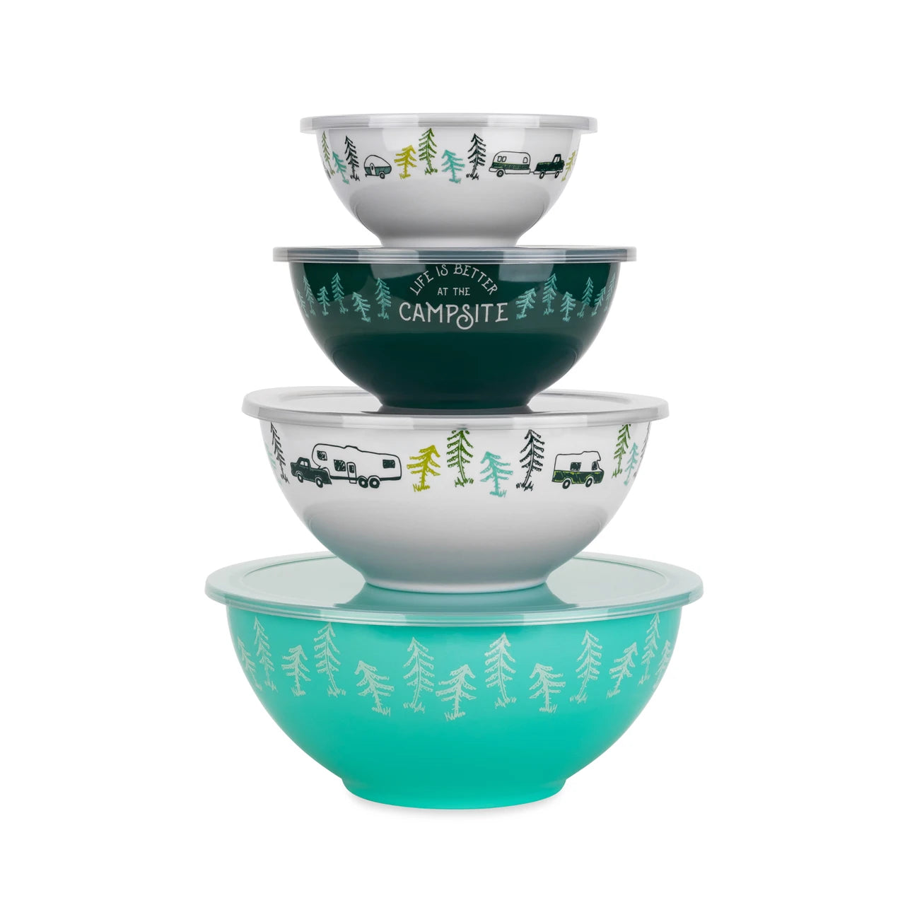 Set of four nesting bowls with camping-themed designs on a white background