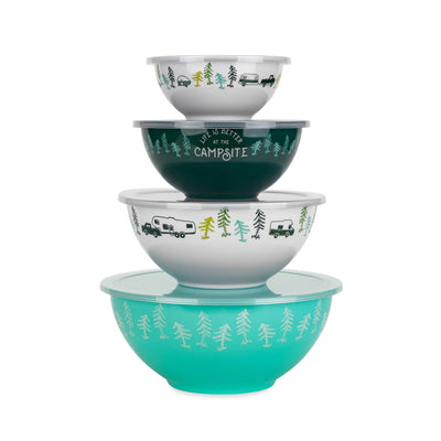 Set of four nesting bowls with camping-themed designs on a white background