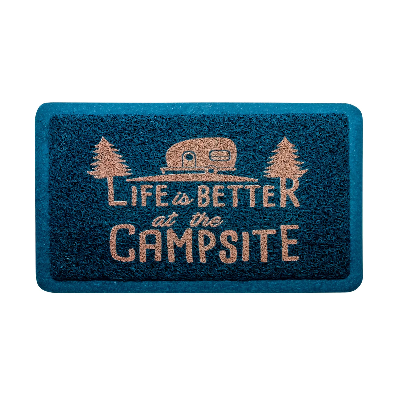 Doormat with 'Life is Better at the Campsite' text and camper design on a blue background