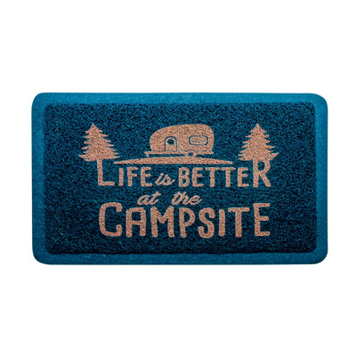 Doormat with 'Life is Better at the Campsite' text and camper design on a blue background