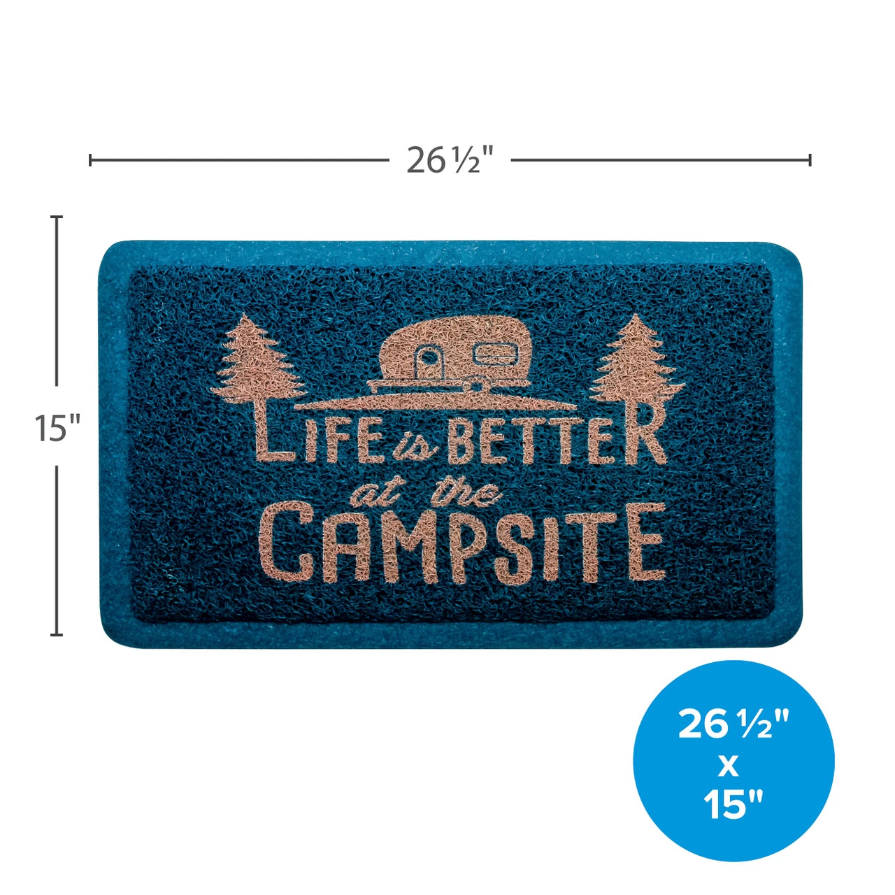 Doormat with 'Life is Better at the Campsite' text and camper design, shown with dimensions.