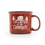 A red speckled enamel camp mug with a black rim and handle, featuring a white graphic of a vintage camper and the text 'LIFE is BETTER at the CAMPSITE'.