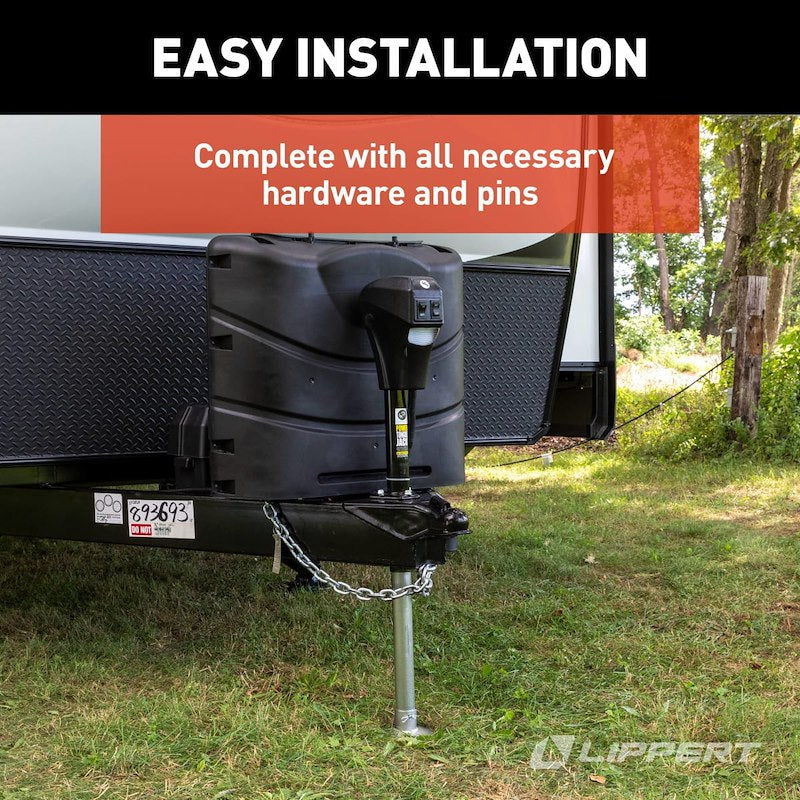 Lippert 285318 electric A‑frame tongue jack installed on travel trailer
