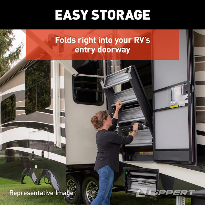 Fold-up manual RV steps with adjustable legs