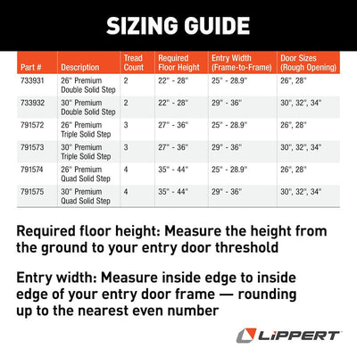 Sizing guide for Lippert steps with measurements and Lippert logo.