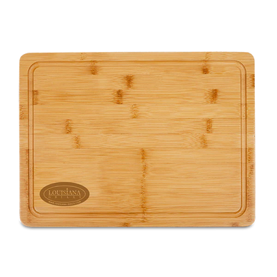 Bamboo cutting board with a visible brand logo on a white background