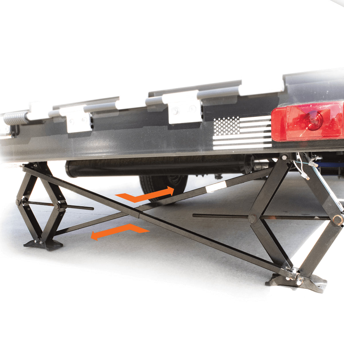 MORryde X‑BRACE stabiliser installed on travel trailer scissor jacks

