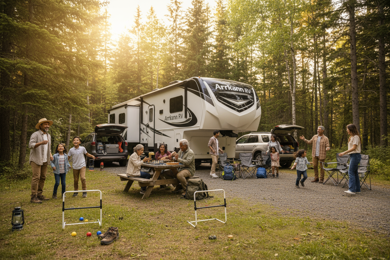 Multiple families of diverse races and ages, including grandparents, arriving at a wooded RV campsite. They are setting up games and outdoor activities like board games, ladder golf, with a RV branded as Arrkann parked nearby. Warm natural daylight, forested background, lively and joyful atmosphere.

Style tags: realistic, high-resolution, outdoor, lifestyle, dynamic, family-oriented, multi-generational, diverse, cinematic.