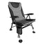 Gray and black reclining chair with armrests and cup holder on a white background