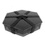 Black hexagonal fire bowl with mesh sides on a white background