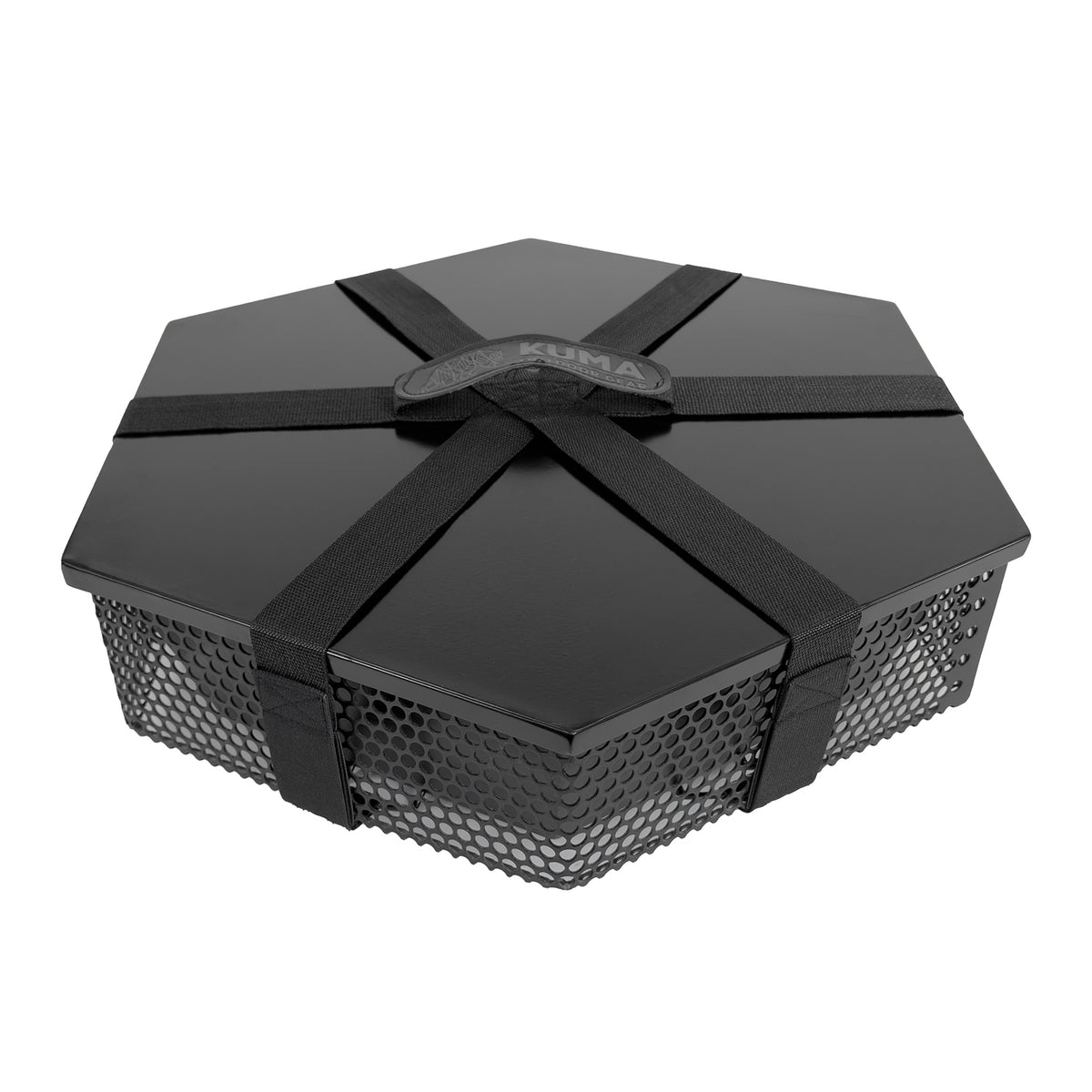 Black hexagonal fire bowl with mesh sides on a white background