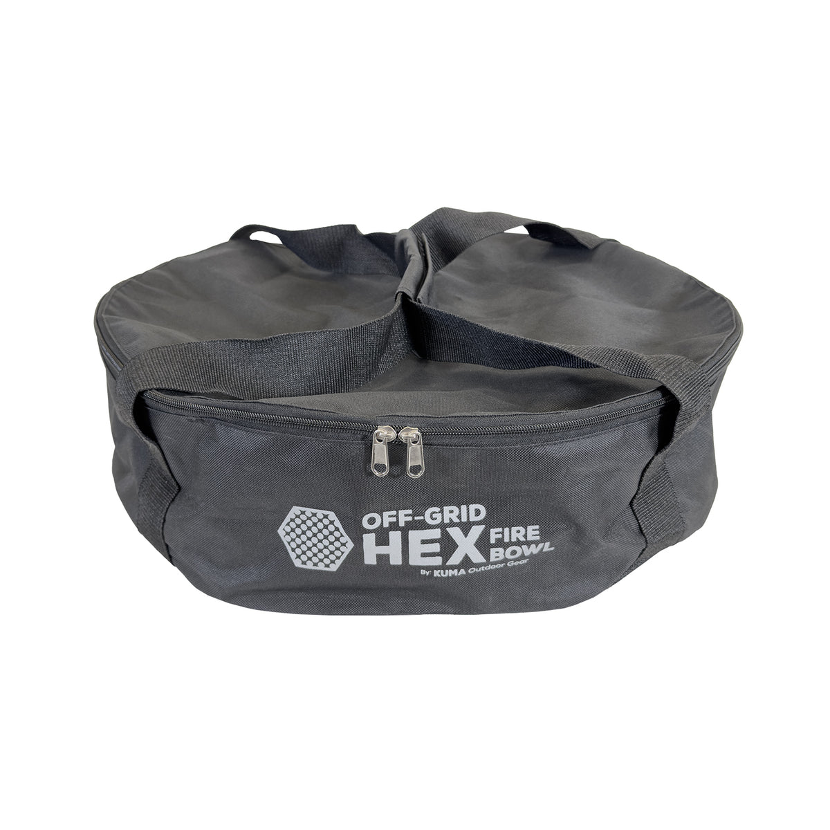 Gray carrying bag with 'Off-Grid Hex Fire Bowl' text on a white background