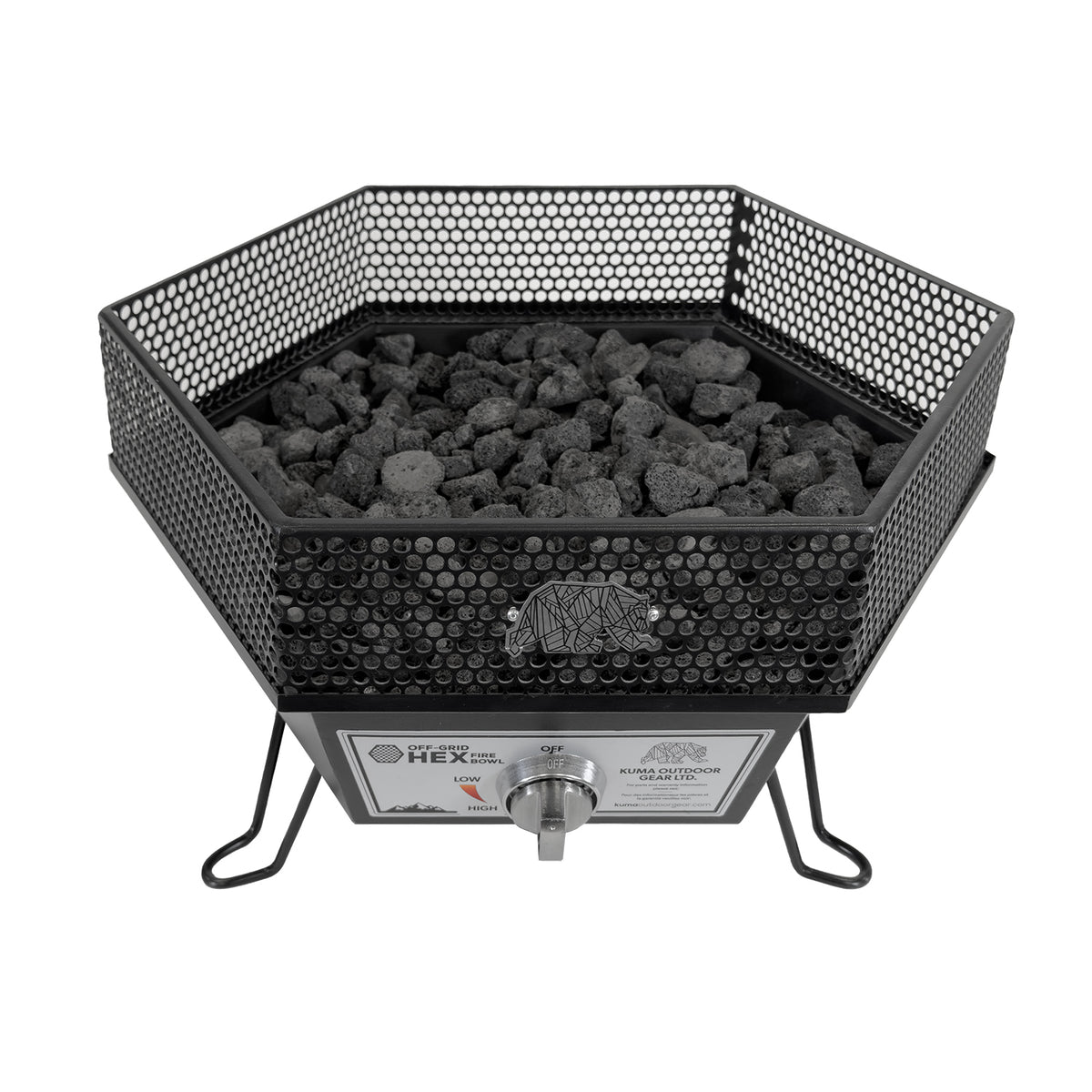 Hexagonal metal fire pit with lava rocks inside on a white background