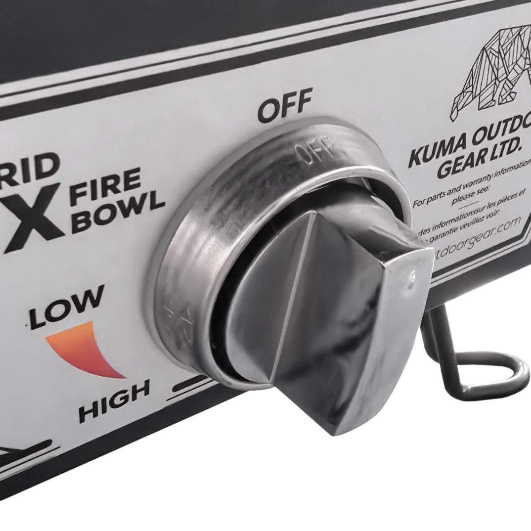 Control knob on a Kuma Outdoor Gear Ltd. product with 'Ridgeline Fire Bowl' branding.