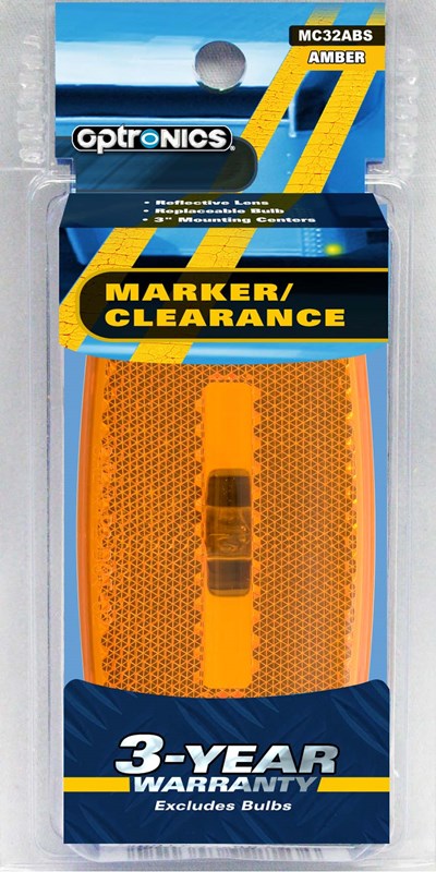 Optronics amber clearance light packaging with the product visible through a clear plastic window. The package contains a yellow and black reflective lens, and includes a 3-year warranty.