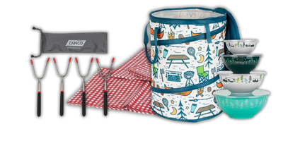 A camping picnic set displayed on a white background, including a cylindrical storage bag with a blue and white woodland pattern, a red-and-white gingham blanket, a gray drawstring pouch labeled CANCO, four hand tools with black handles, and a stack of bowls in white and turquoise.