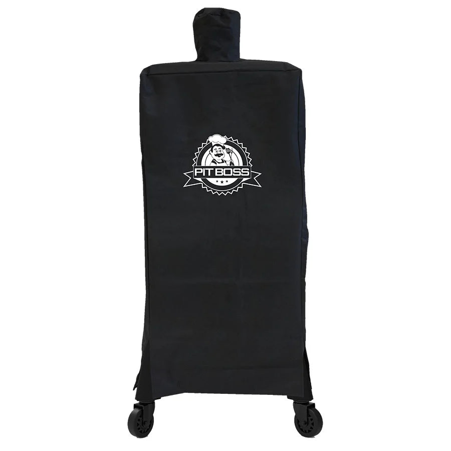 Black Pit Boss smoker cover shielding vertical smoker from weather
