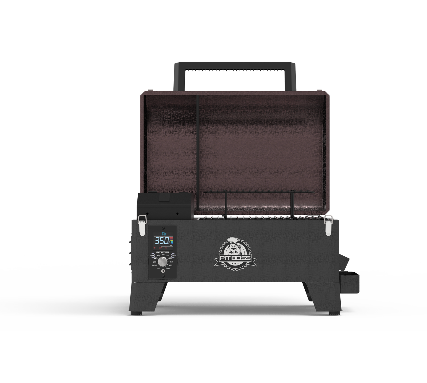 Tabletop pellet grill set up for tailgating with wood pellets

