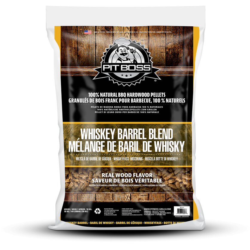 A bag of PIT BOSS 40 LB WHISKEY BLEND HARDWOOD PELLETS with branding and product information on the label.