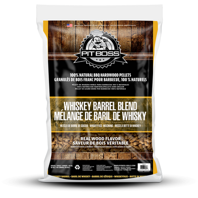 A bag of PIT BOSS 40 LB WHISKEY BLEND HARDWOOD PELLETS with branding and product information on the label.