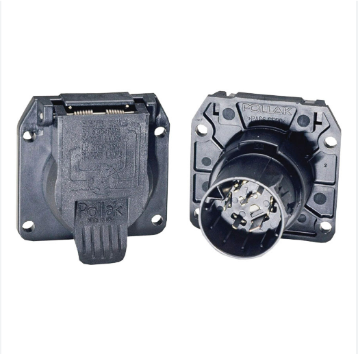Pollak 7‑way RV socket installed on vehicle rear bumper
