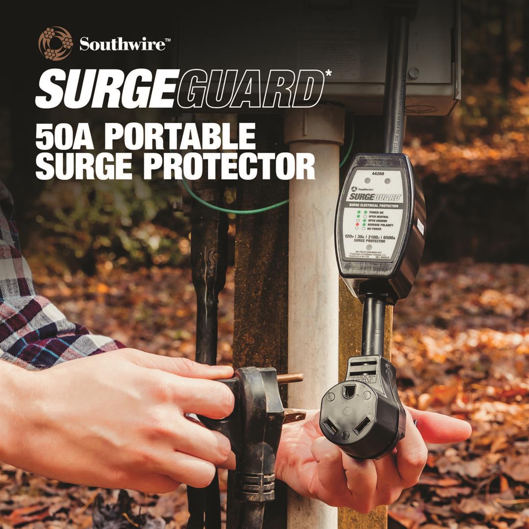 Southwire SurgeGuard 50A Portable Surge Protector being connected outdoors by two hands, with a wooded leaf-covered ground background and product text overlay.