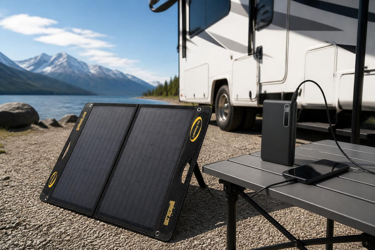 A foldable black solar panel standing on a gravel campsite beside an RV, with a portable power station and smartphone on a table in front of a lake and mountains.