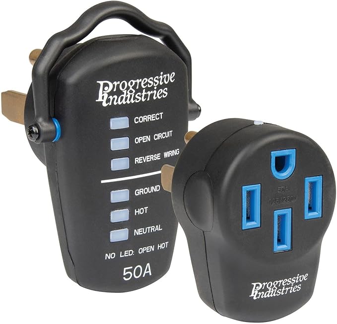 Progressive Industries 50A straight male and female surge protector kit, with black and blue coloring on the components.