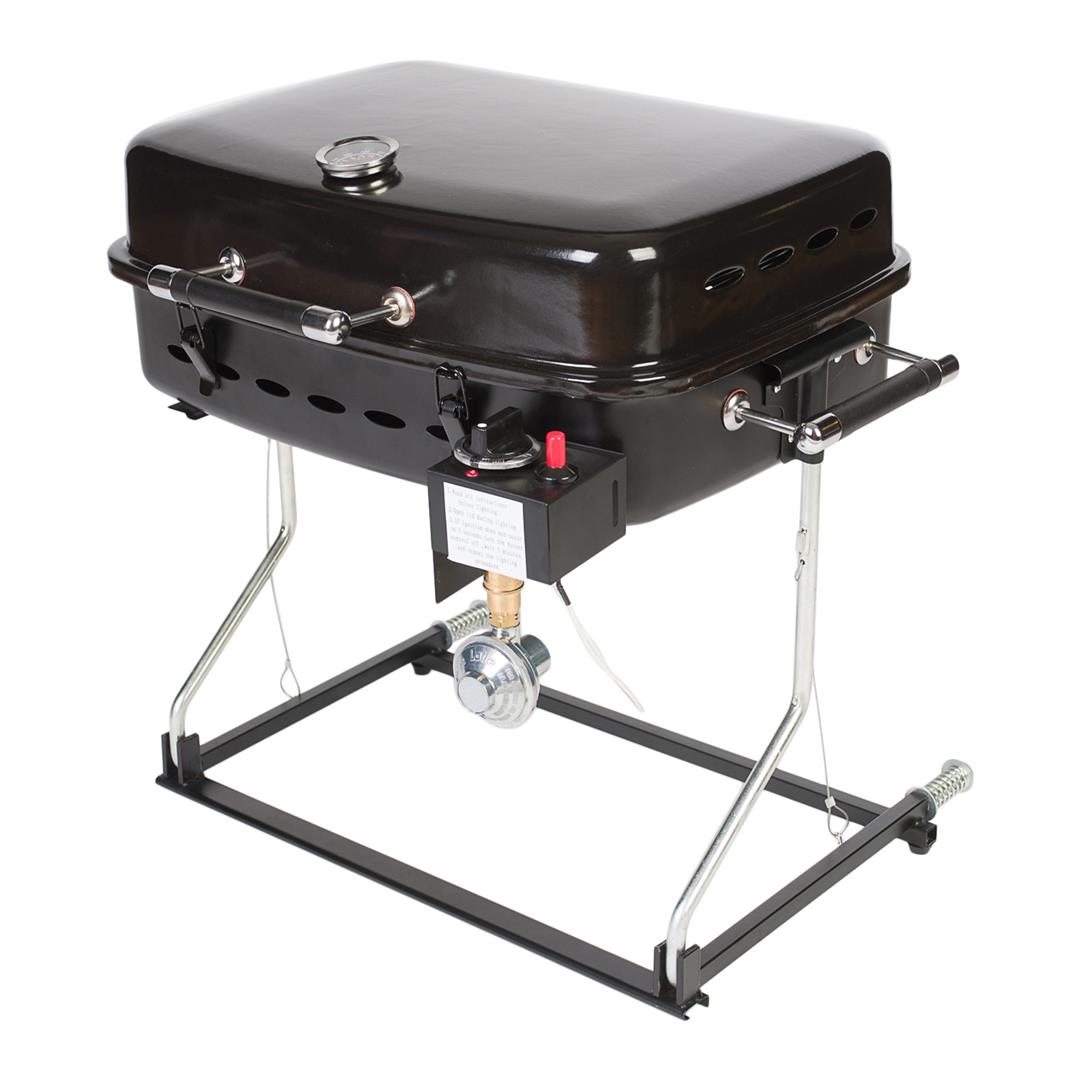 Black RV barbecue grill with stainless steel cooking surface